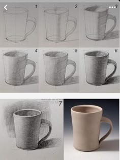 the steps to draw a coffee cup with pencils on paper and then in photoshopped