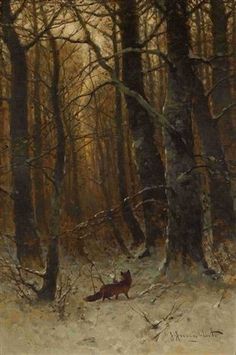 a painting of a fox running through the snow in a wooded area with tall trees