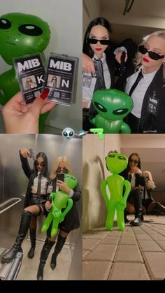 two women dressed in costumes and one holding an alien doll