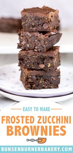 chocolate fudge brownies stacked on top of each other with text overlay that reads easy to make frosted zucchini brownies