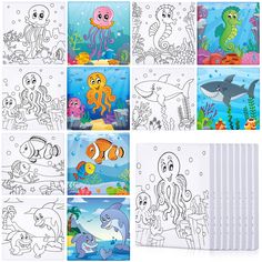 an image of children's coloring pages with sea animals and fish on them, including octopus