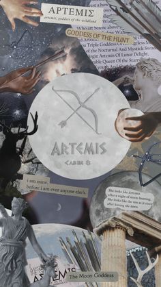 collage of various images with the word artemis above them and an image of a statue