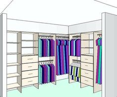 a drawing of a closet with clothes hanging on shelves