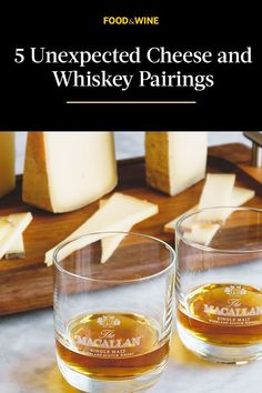 three glasses filled with cheese and whiskey pairings on a table next to slices of cheese