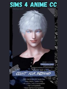 an advertisement for the game sims 4 anime c, featuring a woman with white hair and blue eyes