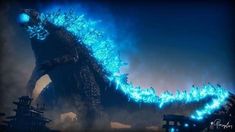 the godzilla is glowing blue and it looks like he's coming out of the water