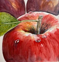 an apple is shown in this watercolor painting