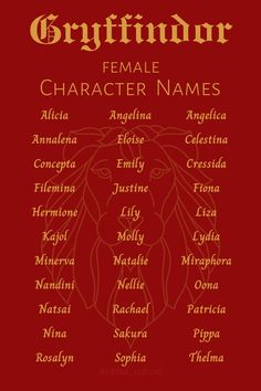 an image of the names of female characters in front of a red background with gold lettering