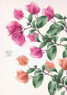 a painting of pink flowers with green leaves