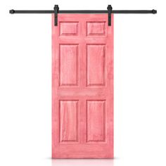 an open pink door with black metal bars on the top and bottom, against a white background