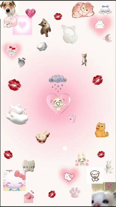 a pink background with lots of different types of animals and hearts on the bottom right corner