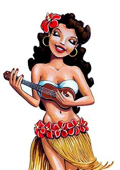 a woman in a hula skirt with a ukulele on her chest and red flowers around her waist