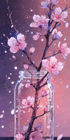 there is a glass jar with pink flowers in it and water droplets on the ground