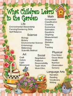 what children learn in the garden poster with flowers and gardening items on it's side