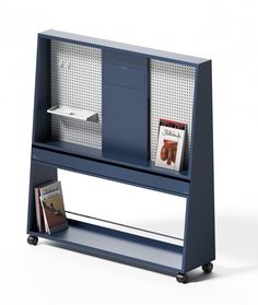 a book shelf with two books and magazines on it, in front of a white background