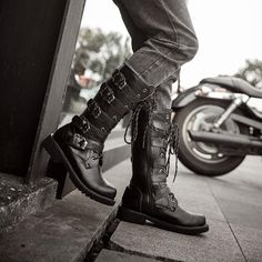 Asian fit sizes, please ensure you check our sizing guide before making a purchase. Biker Forward is proud to present our new riding collection of Motorcycle Boots for Men and Women. Punk Motorcycle Cruiser Boots is built to be powerful, resilient, and rugged, which provides you with the protection and comfort you desire, wrapped up in a leading man package. Features: Solid color design, chic and trendy Made of premium PU leather High-density rubber heavy lugged sole Water-resistant Slip-resista Combat Boots For Men Long, Punk Motorcycle, Motorcycle Cruiser, Latest Fashion Shoes, Military Combat Boots, Leather Motorcycle Boots, Pu Boots, Army Boots, High Top Boots