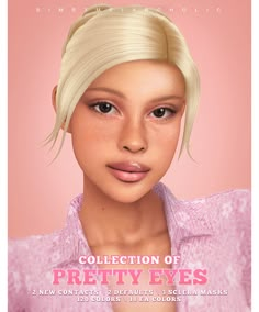 a woman with blonde hair and pink shirt on the cover of an article about pretty eyes