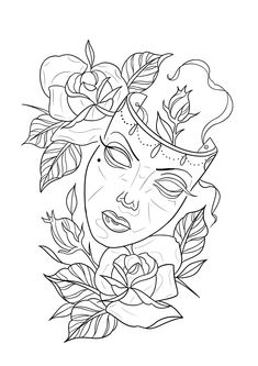 a black and white drawing of a mask with roses