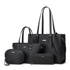 three pieces of black handbags with matching purses and pouches on white background