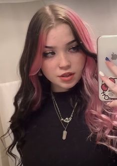 Brown Hair With Pink Front Pieces, Brown Hair With Colored Money Piece, Pink With Black Streaks Hair, Women Colored Hair, Brown Hair Pink Front Strands, Pink And Black Hair Aesthetic, Split Dyed Hair Pink And Brown, Dark Pink Streaks In Brown Hair, Pink And Brown Split Dye