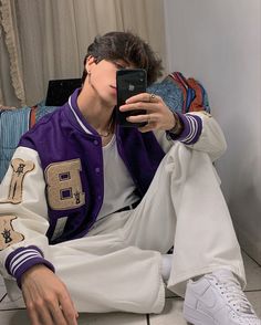 Purple Men Outfit, Purple Outfits Men, Varsity Jacket Outfit Mens, Varsity Outfit, Soft Boy Outfits, Varsity Jacket Outfit, Guy Fits, Street Style Outfits Men