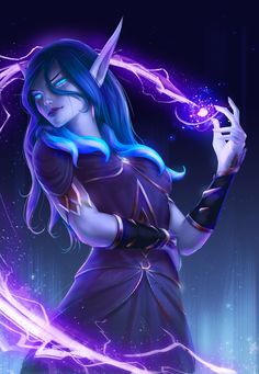 a woman with blue hair and horns holding a lightening wand in her right hand