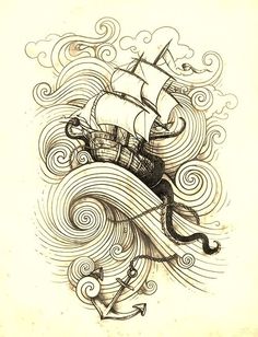 an ink drawing of a ship in the ocean with waves and swirls around it