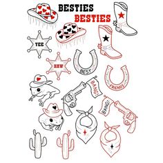 the besties sticker sheet is shown in red, white and black ink on a white background