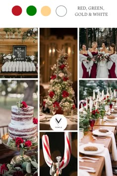 red, green, gold and white wedding color palettes for the bride and groom