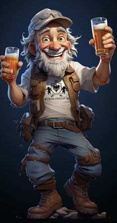 an old man holding two beer glasses in one hand and wearing overalls on the other