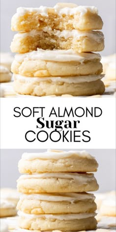 soft almond sugar cookies stacked on top of each other with the words, soft almond sugar cookies