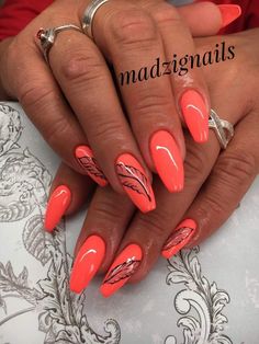 Bright Coral Nails, Coral Nails With Design, Valentines Nail Art Designs, Feather Nails, Multicolored Nails, Orange Nail, Coral Nails, Spring Acrylic Nails, Gel Nail Art Designs