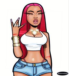 a drawing of a woman with red hair and piercings holding up her peace sign