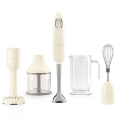 an assortment of kitchen appliances including a blender, mixer and other items on a white background