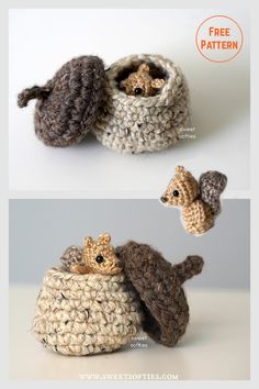 crocheted stuffed animals sitting in small baskets with text overlay that says free pattern