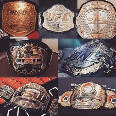 several different types of wrestling belts are shown in this collage with the names of their competitors