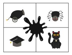 a black cat sitting on top of a floor next to a spider and a graduation cap