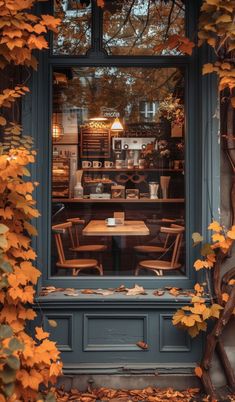 an image of a restaurant through the window with autumn leaves on the windowsills