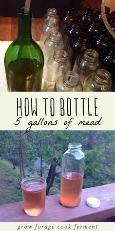 bottles filled with liquid sitting on top of a wooden table