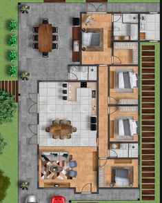 an overhead view of a house with the living room and dining area