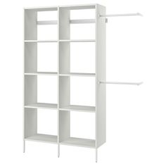 a white bookcase with four shelves on each side and two hanging rails in the middle