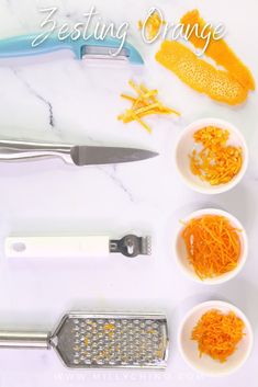 four different types of cheese graters on a white counter with the words zestling orange above them