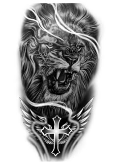 a black and white photo of a lion with wings on it's head, in front of a cross