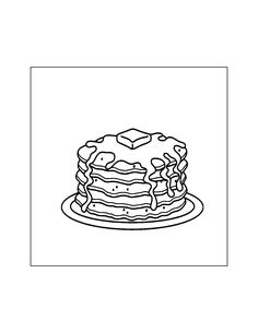 a black and white drawing of a stack of pancakes on a plate with syrups