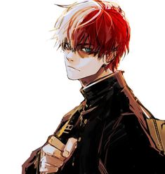 an anime character with red hair and blue eyes, wearing a black jacket while holding his hand on his chest