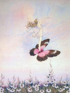 a woman flying through the air on top of a pink butterfly in front of white flowers