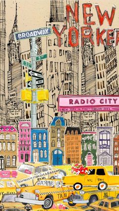 a painting of new york city with taxi cabs and street signs