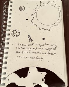 a spiral notebook with an image of the earth and stars on it, which reads i know nothing but any certainly but the sight of the stars makes me dream