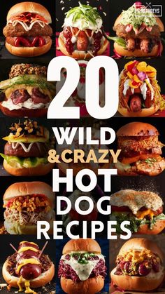 the top 20 wild and crazy hot dog recipes are on display in front of a black background