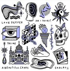 an assortment of tattoos and designs on a white sheet with blue ink, including the words look